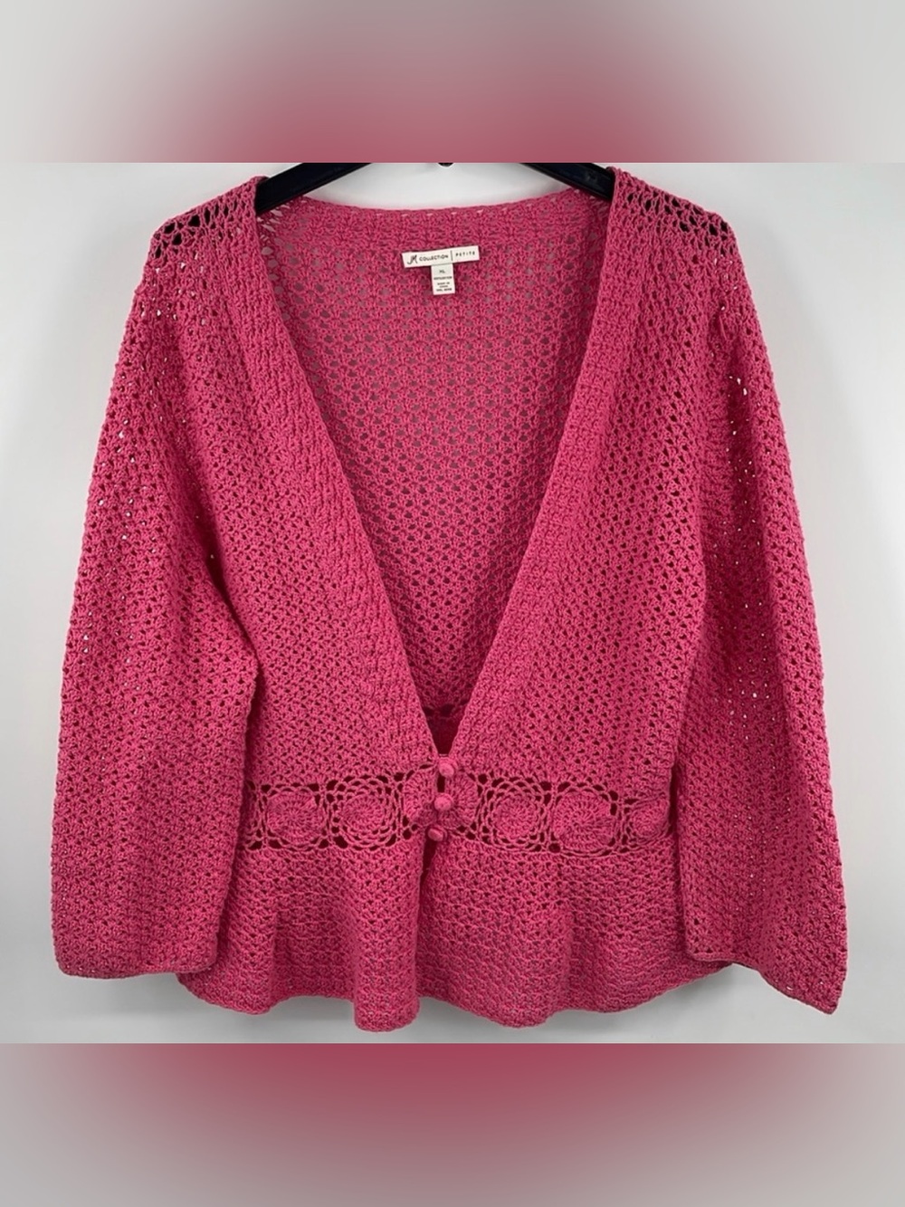 Y2k 70s Inspired Pink Open Weave Crochet Cardigan Size boho retro XL P